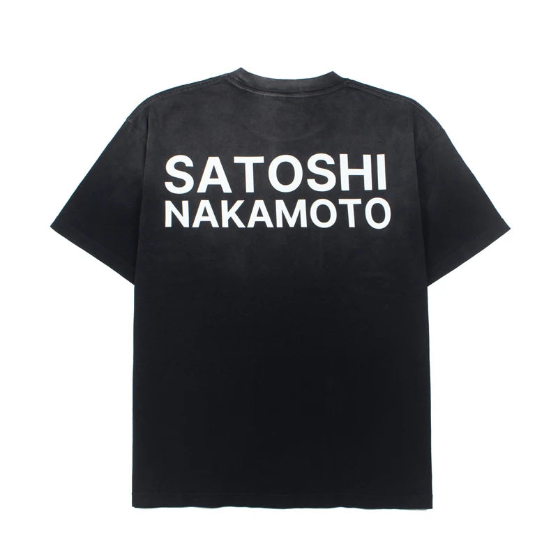 Satoshi Nakamoto T‑shirt Print Men Vintage Washed Oversized Short Sleeve Tee Y2K Street Hip Hop Loose Casual Top - Matrix-studios.com