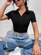 polo neck V short sleeve T-shirt women's summer shoulder high waist Spice Girl T-shirt slimming short crop top - Matrix-studios.com