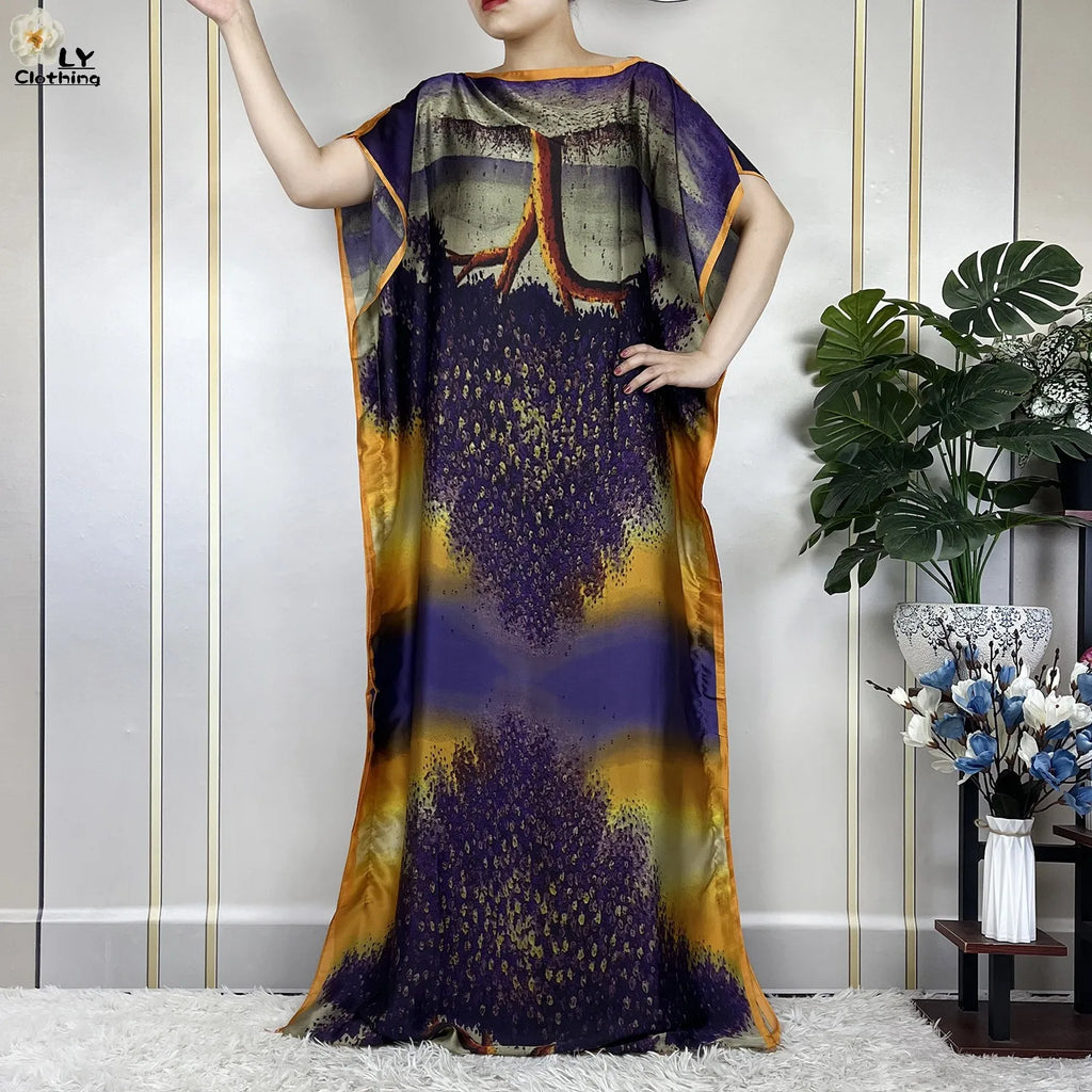 Muslim Abayas For Women 2023 New Fashion Printed Silk Soft Loose Femme Elegant Robe African Maxi Party Dresses With Belt Turban - Matrix-studios.com