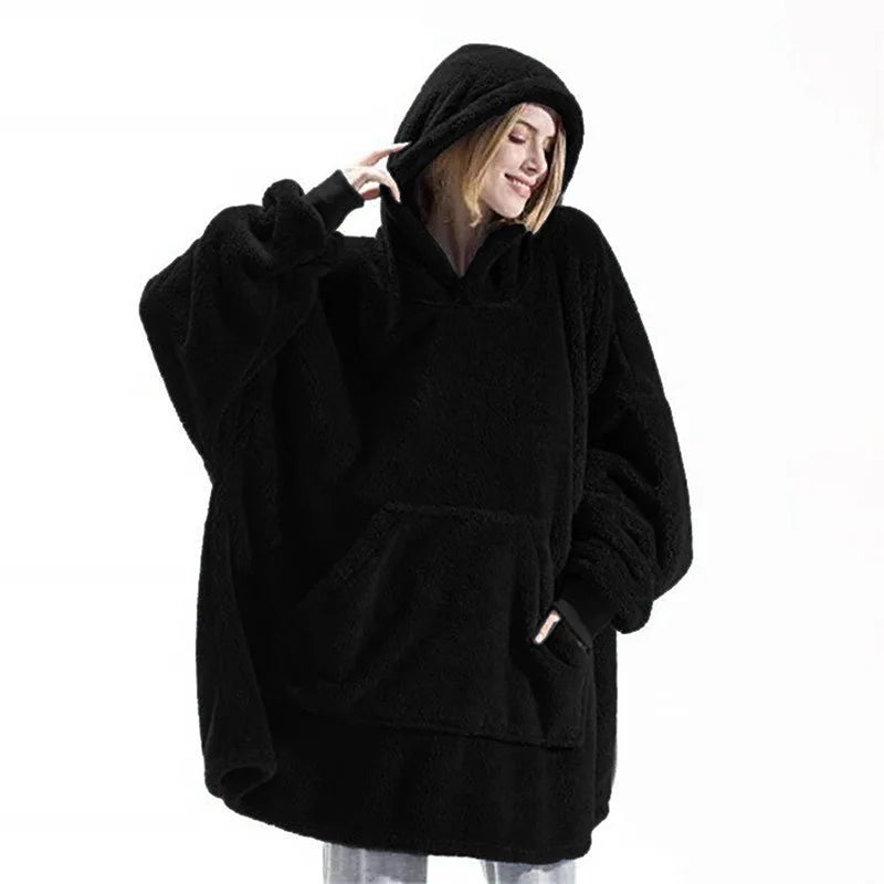 New Winter Women Double-faced Fleece Hoodie Blanket Oversize Large Pocket Warm Couple Loose Sweatshirts Women And Men Robe - Matrix Studios