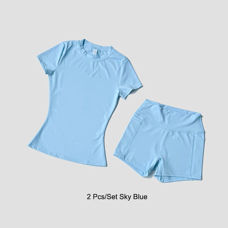 Sports Sets Fitness Hip-lifting Tight Top Short Sleeve Running Workout Gym Shorts Tracksuits For Women Breathable Sports Suits - Matrix-studios.com