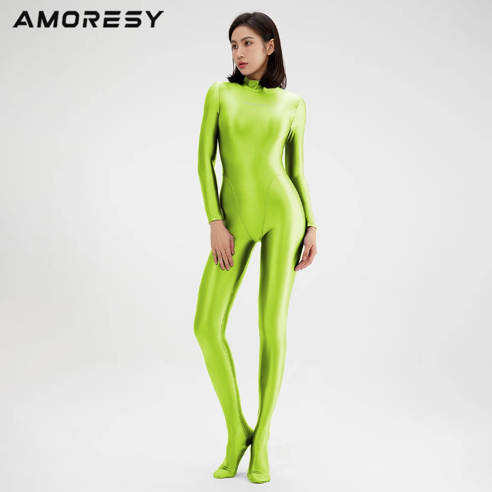 2023 AMORESY Women's Catsuit Playsuits Wetlook Shiny Glossy Tights Zipper Leotards Fullbody Overall Zentai Jumpsuits - Matrix Studios