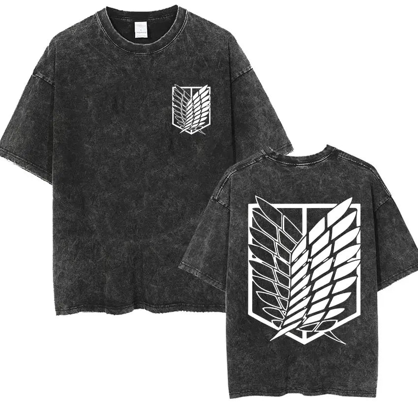 Anime Attack on Titan Vintage Washed Print T-shirt Mikasa Ackerman Eren Jaeger Wings of Freedom Logo Mens Summer Cotton T-shirts - Matrix Studios