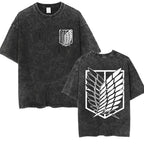 Anime Attack on Titan Vintage Washed Print T-shirt Mikasa Ackerman Eren Jaeger Wings of Freedom Logo Mens Summer Cotton T-shirts - Matrix Studios