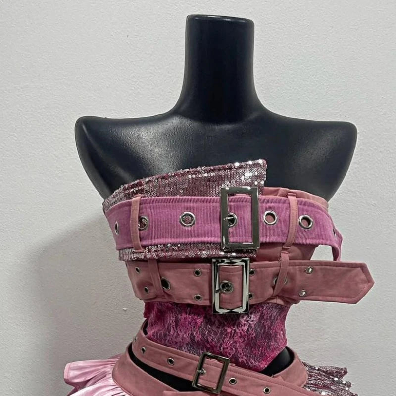 2000s Aesthetic Punk Style Women New 2 Piece Set Sexy Strapless Tops + High Waist Skirt Female Retro Chic Korean Popular Clothes - Matrix-studios.com