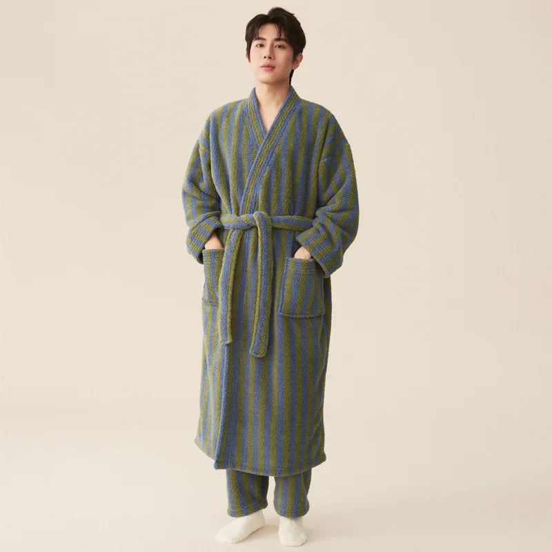 Thickened Flannel Robe Pants Pajamas Set Autumn Winter New Couple Coral Velvet Women Men Bathrobe Striped Lengthed Home Clothes - Matrix-studios.com