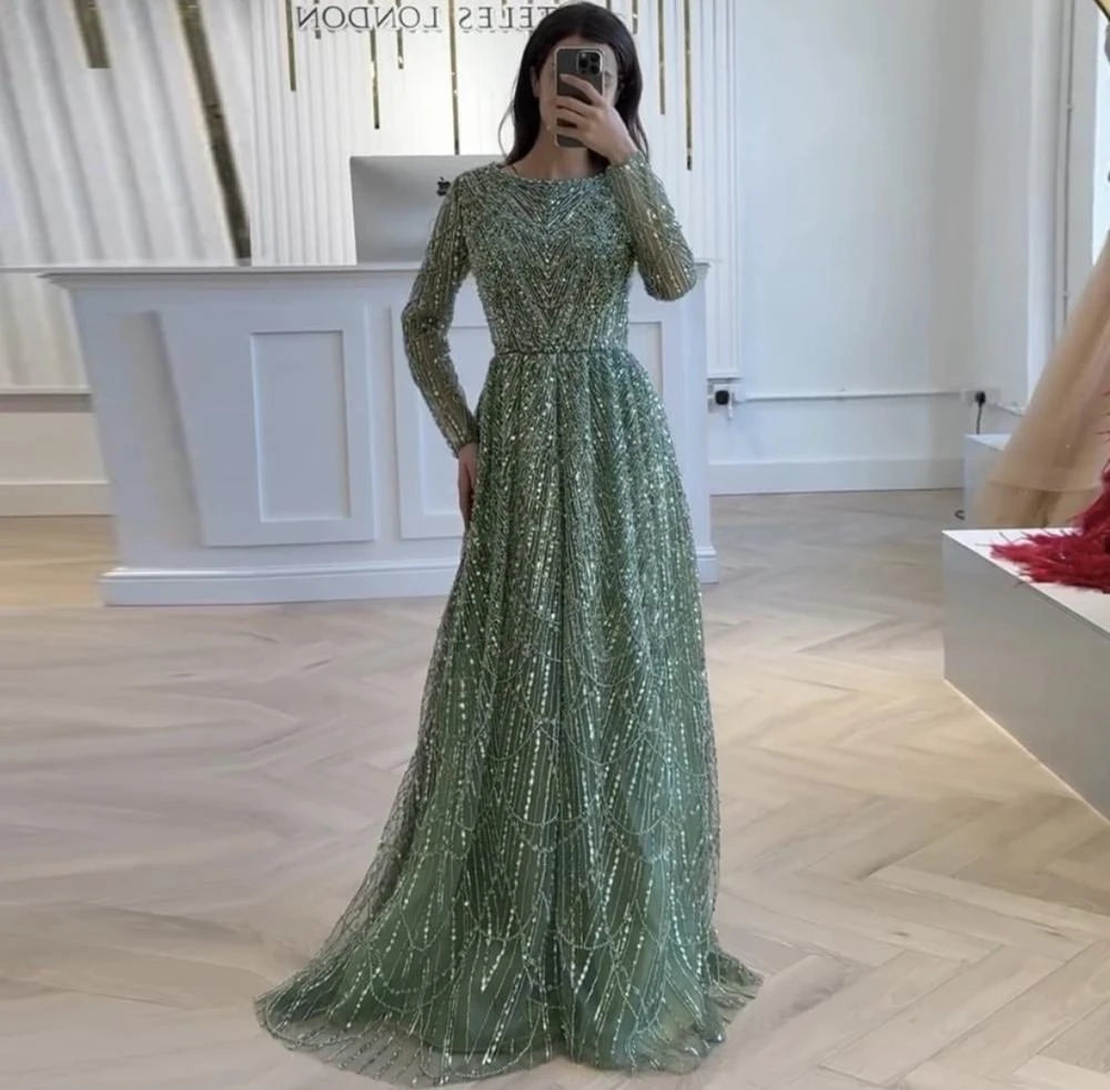Contessa Custom formal gown elegant beaded tulle evening dress long sleeve boat neck floor length A line glam sparkly prom party - Matrix Studios