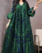 Vintage Printed Dress Women Breathable Loose Middle Eastern Robe Casual Long Sleeve Abaya V-neck Loose Muslim Abayas for Women - Matrix-studios.com