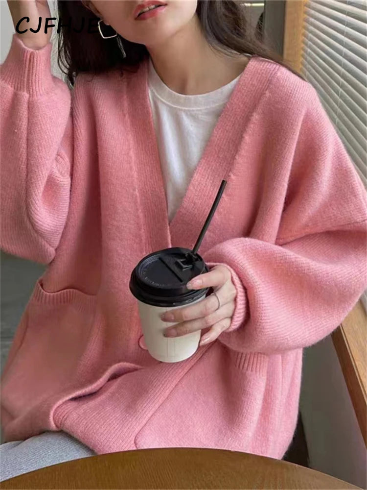 CJFHJE Beige Pockets Knitted Sweater Coats Women Loose Single-breasted V-neck Purple Cardigan Female Autumn Casual Red Cardigans - Matrix Studios