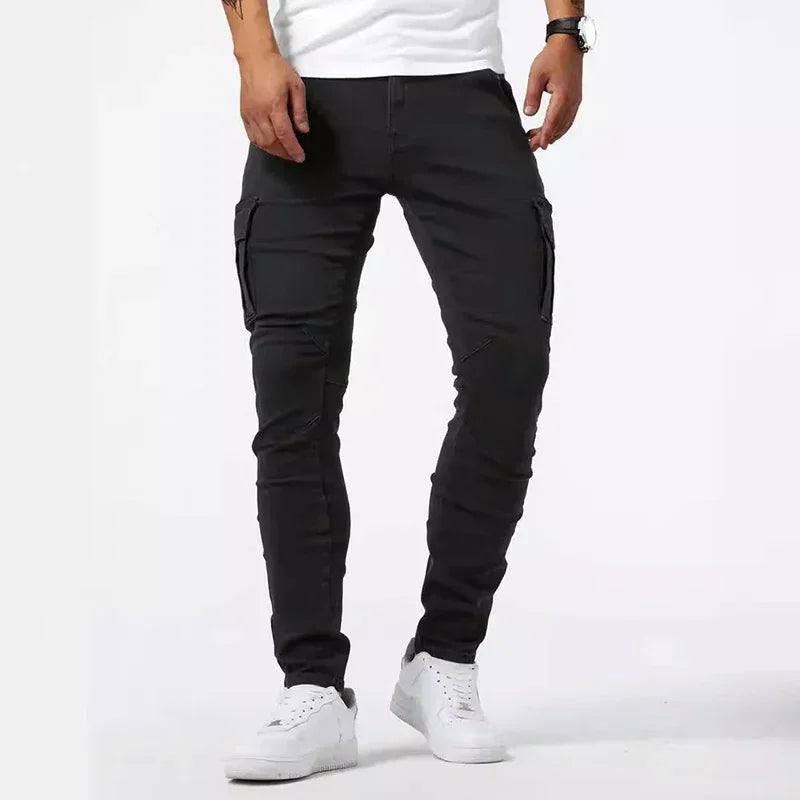 Men Casual Pencil Jeans Male Elastic Multi Pocket Small Slim High Street Denim Pants Wash Solid Color Mid Waist Cargo Jeans - Matrix Studios