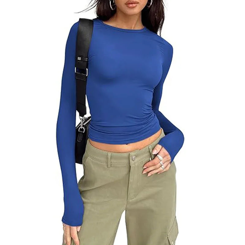 1pcs Four Seasons Fashion Senior Women T-shirt Long Sleeve Crew Neck Solid Slim Fit Tee Ladies Crop Top  Daily Streetwear Camis - Matrix-studios.com