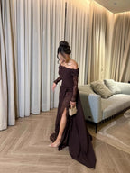 Coffee Big Swing Lace Evening Dress Elegant Off Shoulder Kaftan Prom Gown Abaya Sexy Side Slit Popular Formal Party Wear - Matrix-studios.com