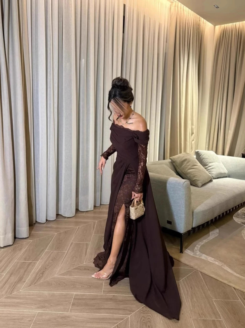 Coffee Big Swing Lace Evening Dress Elegant Off Shoulder Kaftan Prom Gown Abaya Sexy Side Slit Popular Formal Party Wear - Matrix-studios.com