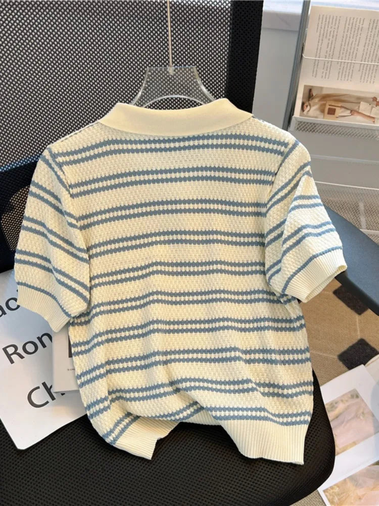 2025 Polo Neck New Womens Knitting T-Shirt Striped Short Sleeve Women T Shirt for Female Slim Tops Woman T Shirts Clothing S145 - Matrix-studios.com