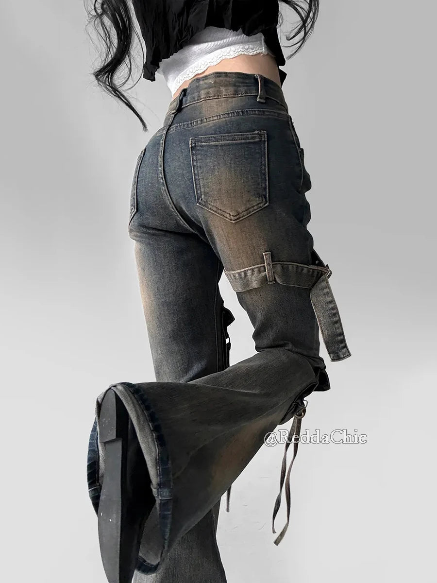 REDDACHiC Women Low Waist Cargo Flare Jeans Y2k Vintage Distressed Belted Fitted Bootcut Pants Bell Bottoms Korea Streetwear - Matrix-studios.com