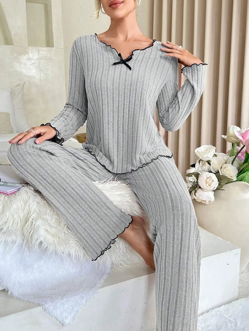 Women Autumn Winter Sleepwear Ribbed Pajamas Set Long Sleeve Top and Long Pants 2 Piece Set Casual Homewear Loungewear - Matrix-studios.com