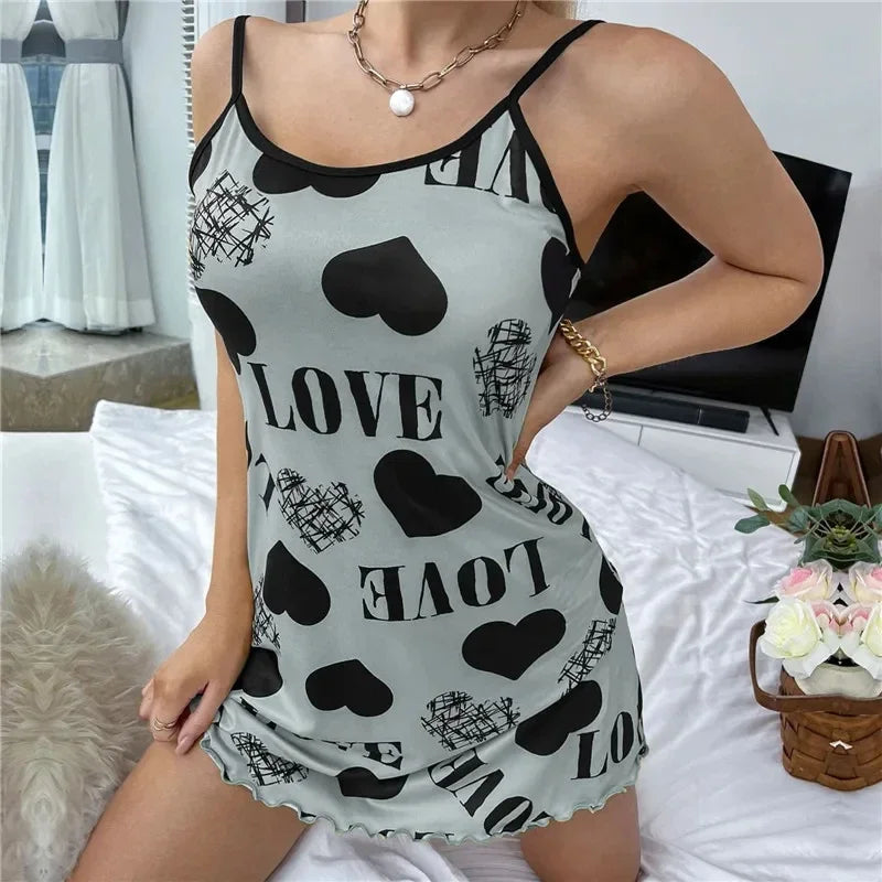 Summer New Women's Nightgown Beauty Back Thin Section Of Home Wear Sexy Halter Short Skirt Love Cartoon Cute Printing Pajamas - Matrix-studios.com
