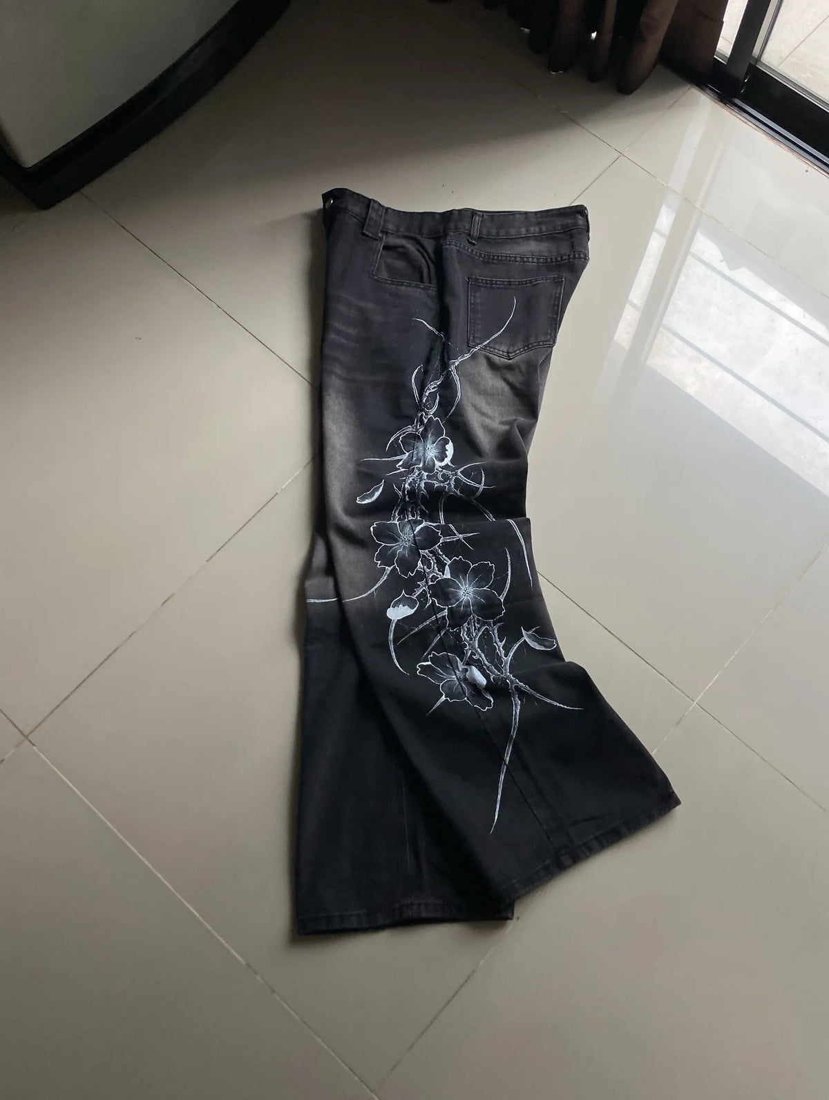 Y2K vintage black thorn Printing baggy jeans harajuku trend brand men women street hip hop fashion casual couple Wide-leg pants - Matrix Studios