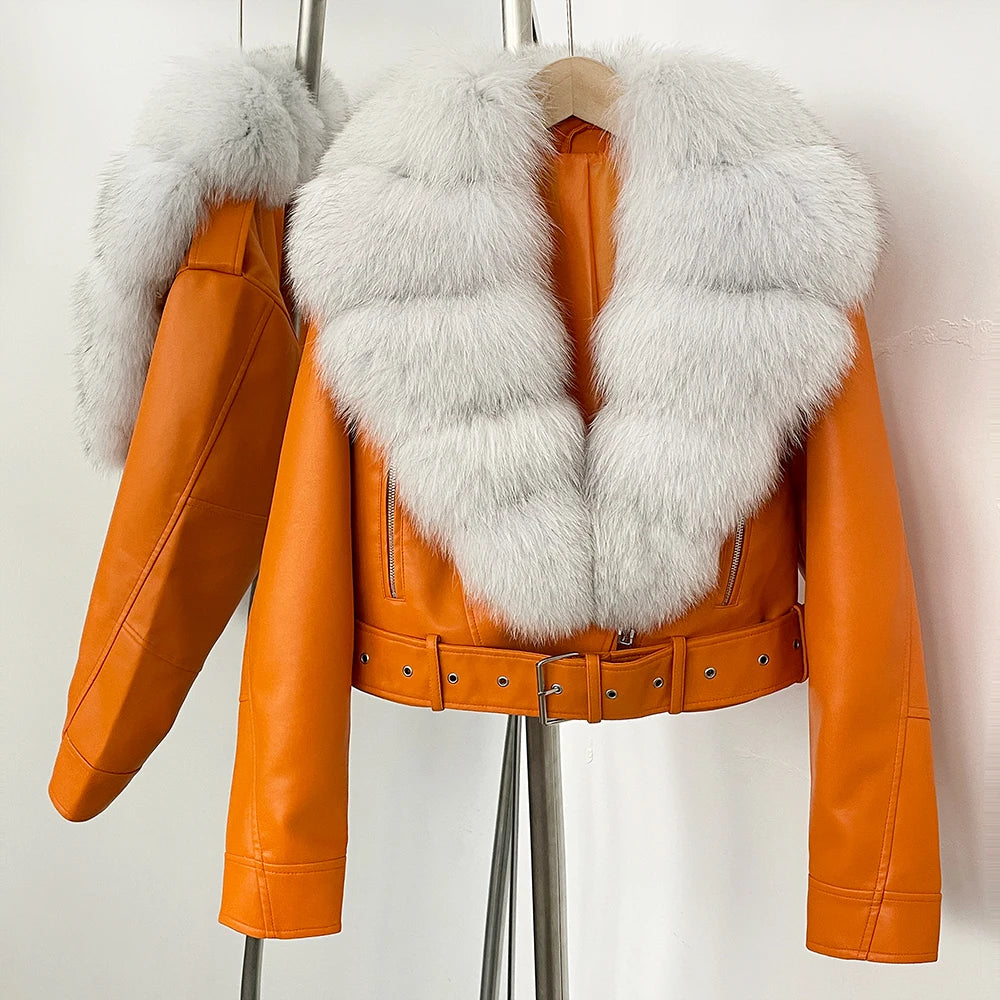 Fake Leather Coat New Natural Fox Fur Autumn Short Faux Leather Jacket Female Spring PU Women Long Sleeve Real Fur Coat Thin - Matrix Studios