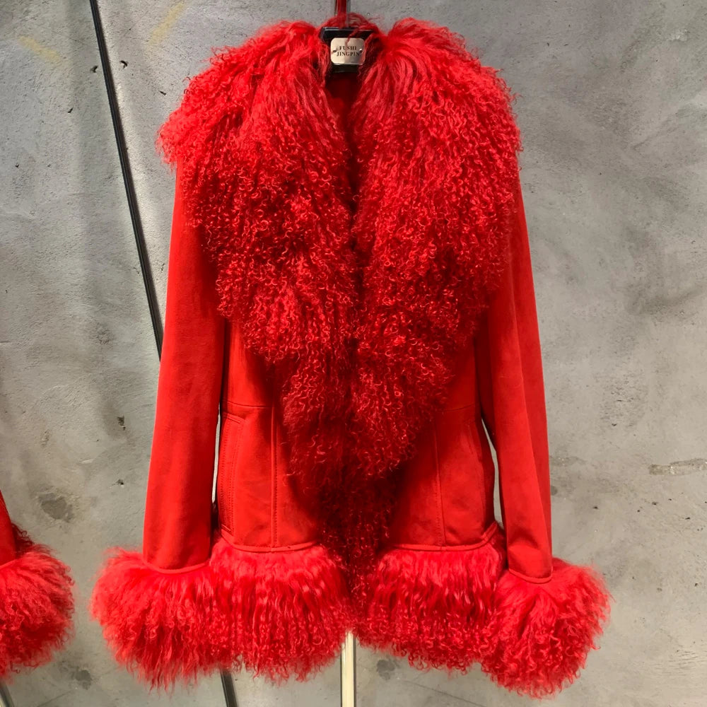Sheep Collar Coats Women Winter Luxury Mongolian Fur Leather Jackets with Long Sleeve 7251 - Matrix Studios