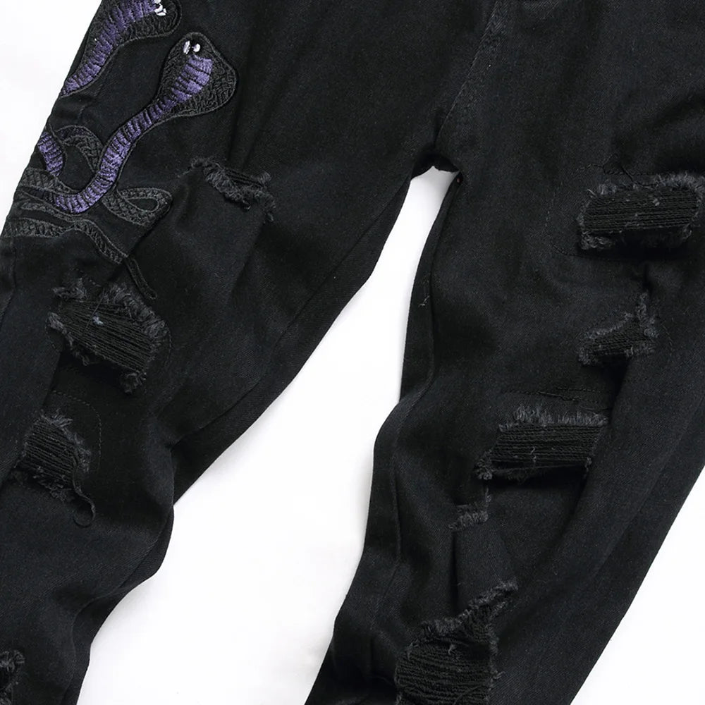 Men Snake Embroidery Jeans Streetwear Black Stretch Denim Pants Holes Ripped Distressed Slim Straight Trousers - Matrix Studios