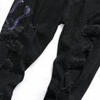 Men Snake Embroidery Jeans Streetwear Black Stretch Denim Pants Holes Ripped Distressed Slim Straight Trousers - Matrix Studios