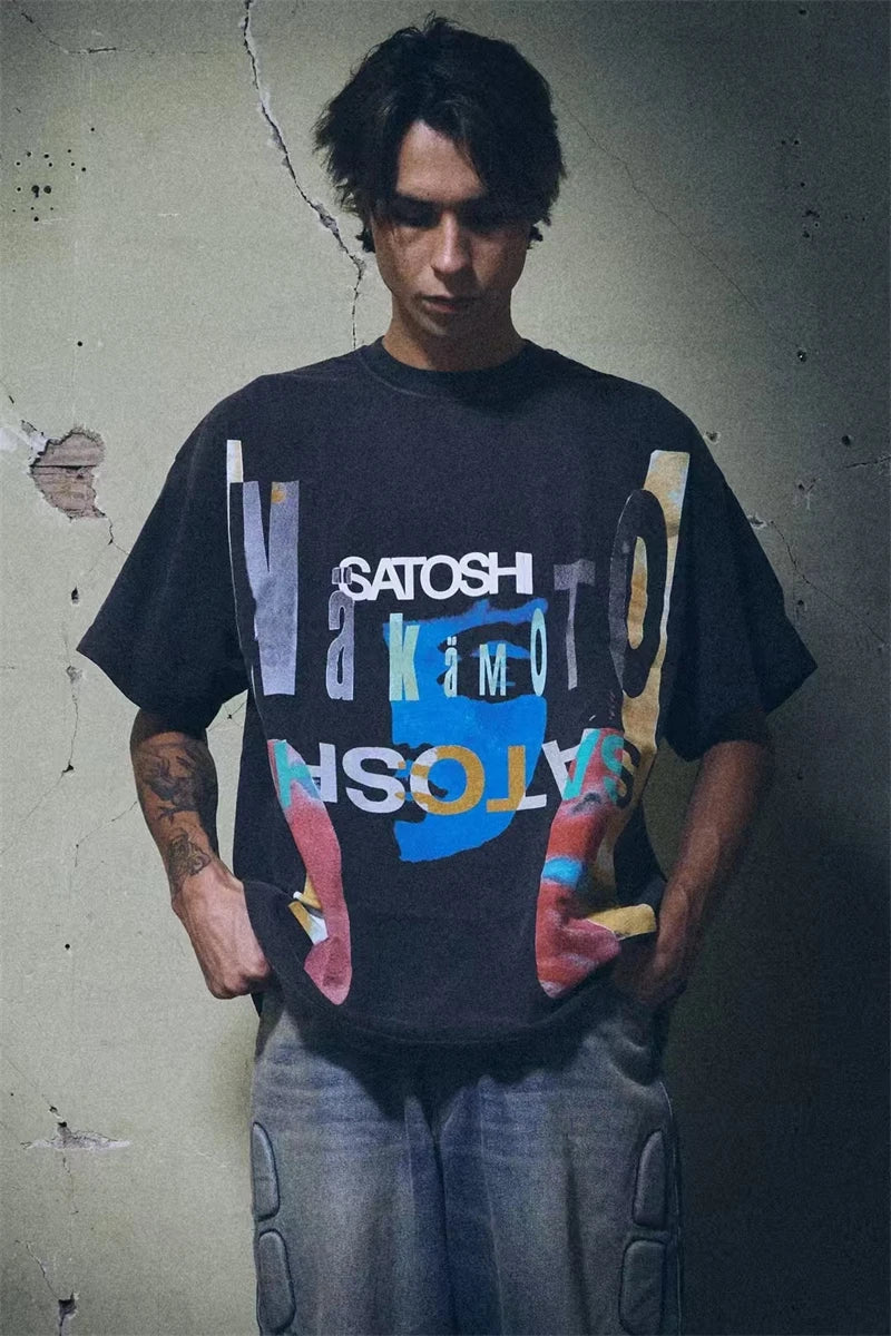 New SATOSHI Vintage Washed Inverted Letter Print Casual Loose Round Neck Short Sleeved Street Cotton Versatile Oversize T-shirt - Matrix-studios.com