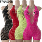 FAGADOER Sexy Hollow-out Rhinestone Patchwork Bodycon Rompers Woman Halter Sleeveless Backless Jumpsuits Female Party Clubwear - Matrix Studios