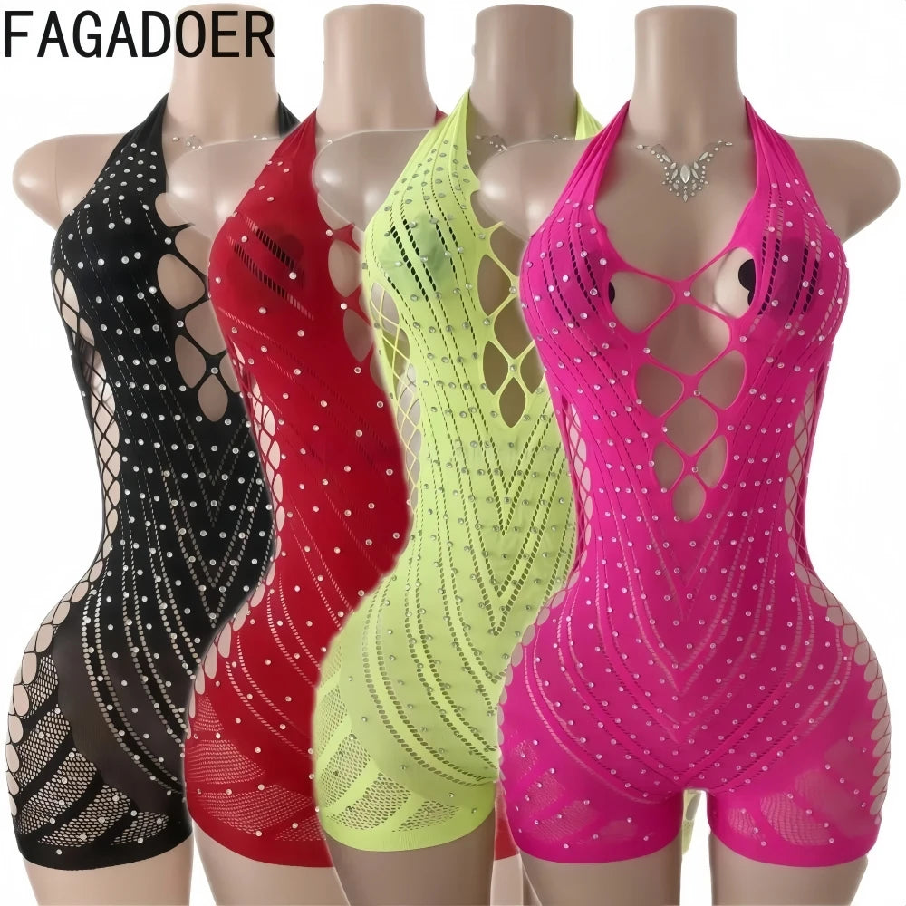 FAGADOER Sexy Hollow-out Rhinestone Patchwork Bodycon Rompers Woman Halter Sleeveless Backless Jumpsuits Female Party Clubwear - Matrix Studios