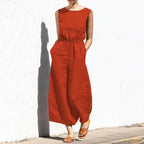 Cotton And Linen Jumpsuit Women Solid Color Sleeveless Pocket High Waist Wide Legs Jumpsuits Casual Commuting Ladies Bodysuits - Matrix Studios