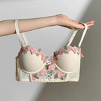 MOYISU Victorian Underwear Set - Delicate Cream Bralette with Floral Stitch, Retro Sweetheart Neckline for Petite Bust Elegance - Matrix-studios.com