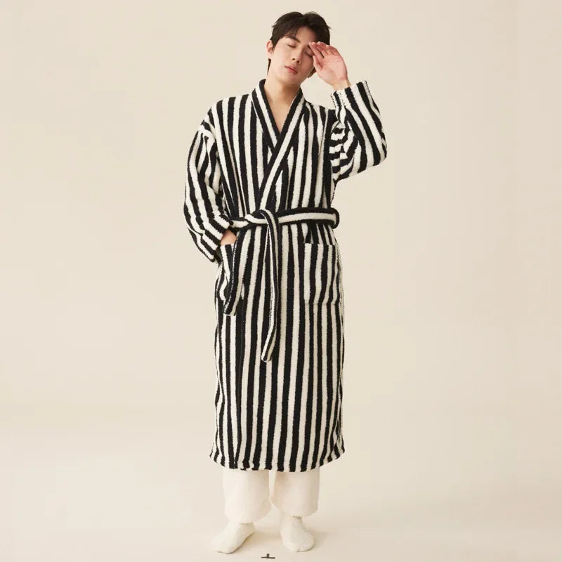 Thickened Flannel Robe Pants Pajamas Set Autumn Winter New Couple Coral Velvet Women Men Bathrobe Striped Lengthed Home Clothes - Matrix-studios.com