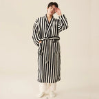 Thickened Flannel Robe Pants Pajamas Set Autumn Winter New Couple Coral Velvet Women Men Bathrobe Striped Lengthed Home Clothes - Matrix-studios.com