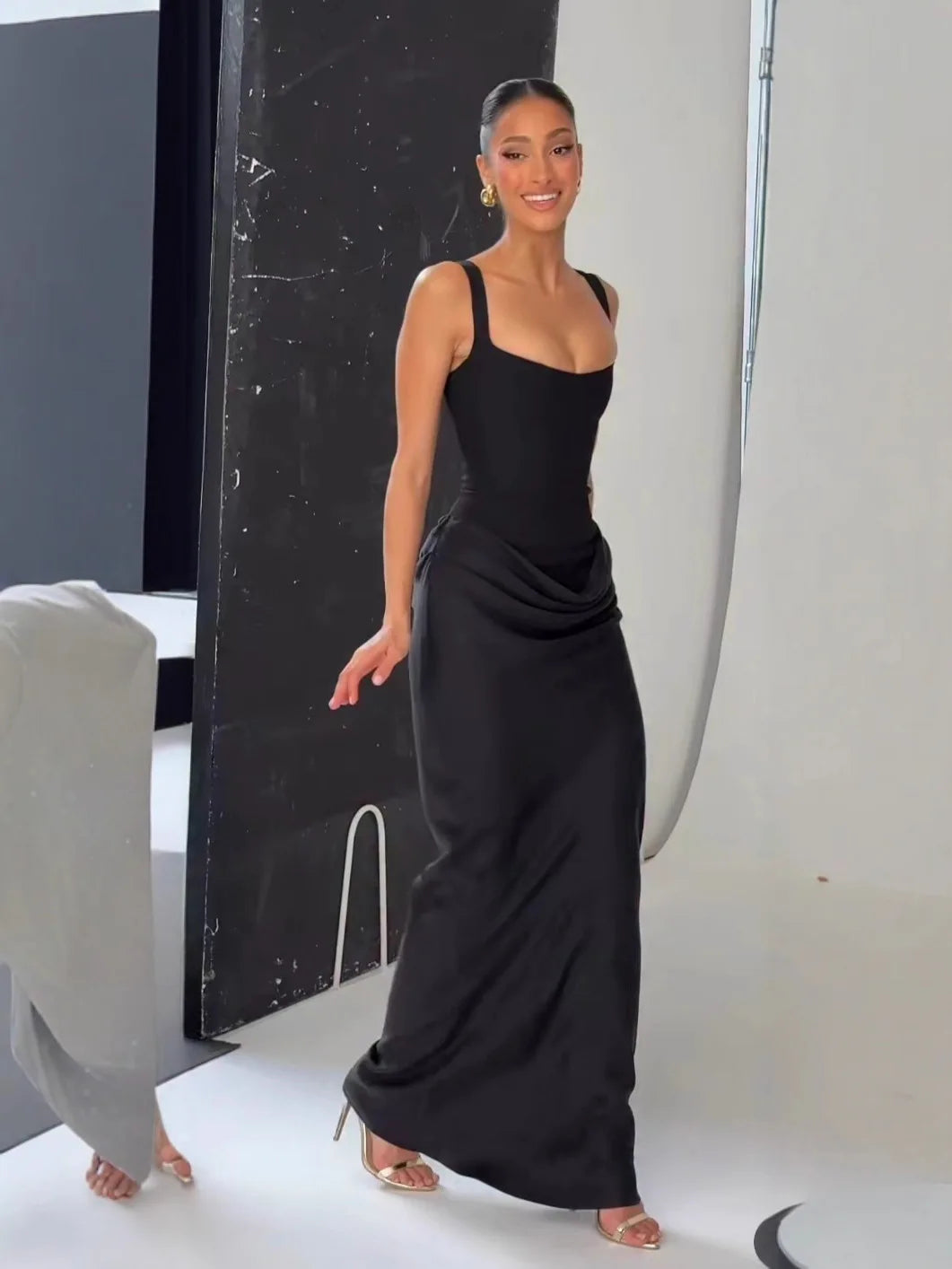 CHNMR Sexy Backless Ruched Maxi Dress for Women U-neck Sleeveless Bandage Bodycon Black Long Dresses Lady Evening Party Gown - Matrix-studios.com