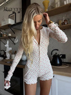 Ahagaga Casual Women Playsuits O-Neck Regular Long Sleeves Print Single Breasted Skinny Homewear Floral Sweet Femlae Rompers - Matrix Studios
