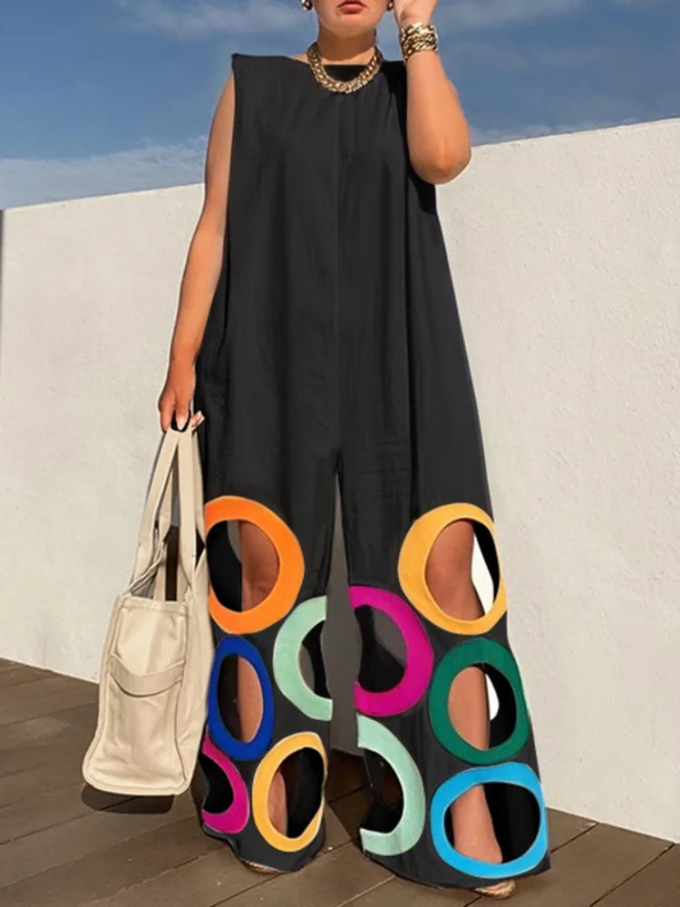 Yeezzi Women Fashion Rainbow Hollow Wide Leg Jumpsuits 2026 New Summer Sleeveless Loose Urban Office Overalls With Shoulder Pad - Matrix Studios