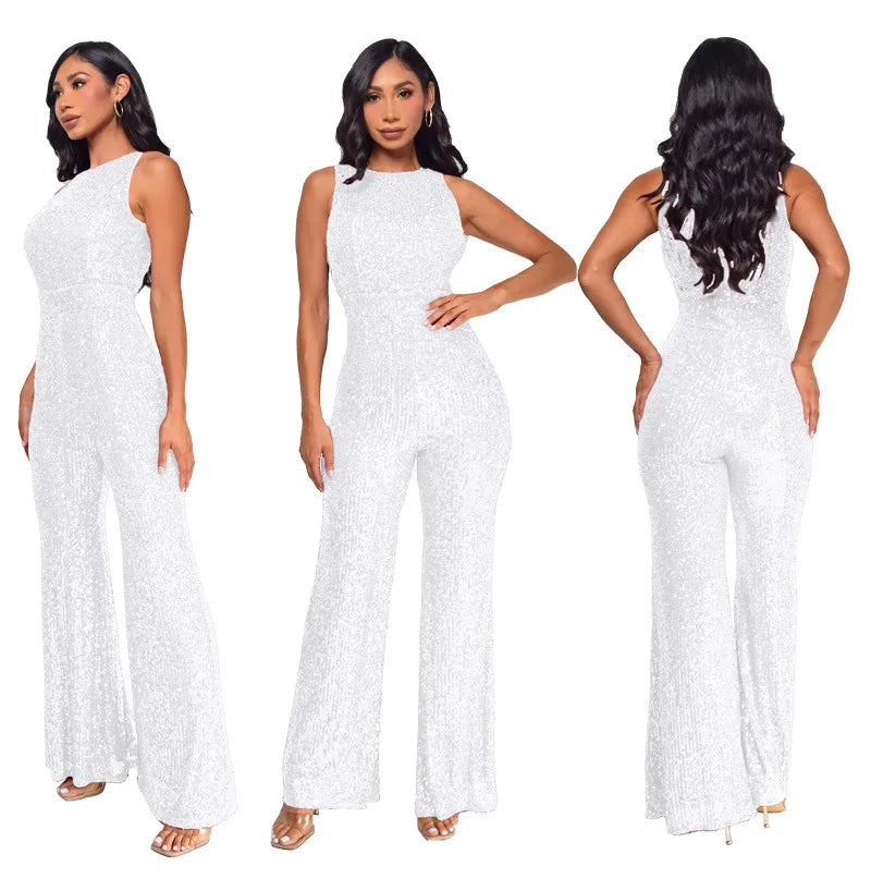 Bling Bling Sequined Club Jumpsuit Sexy Women O-neck Elegant Shiny Sliver Gold Sequins Straight Romper Overalls - Matrix Studios