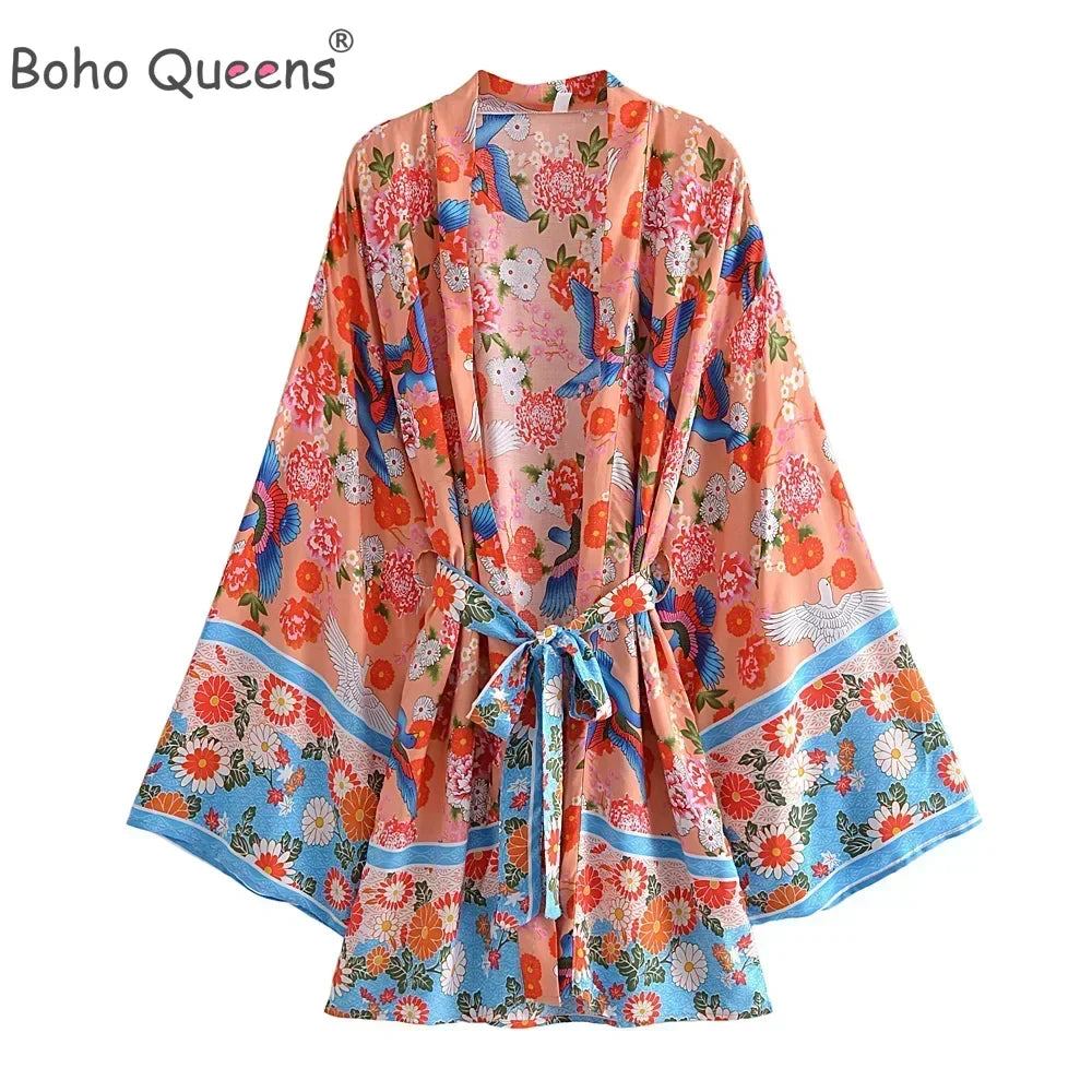 Boho Queens Vintage Peacock Floral Print Sashes Beach Kimono Women Bohemian Wrap Batwing Sleeves Holiday Bikini Cover-ups - Matrix Studios