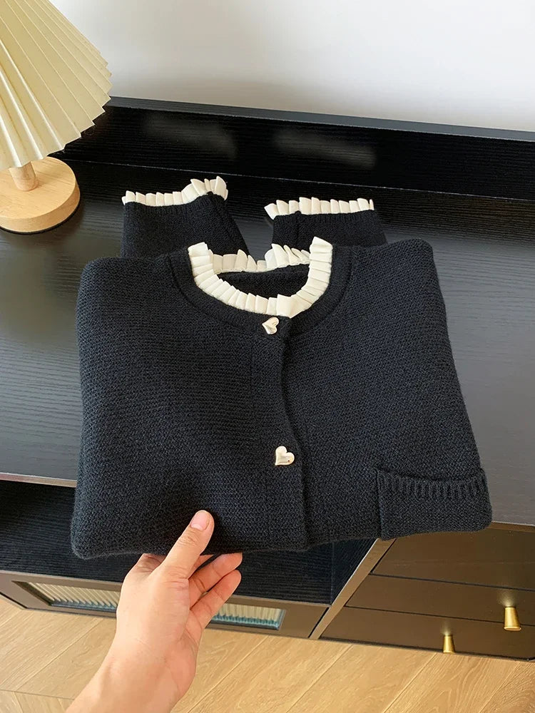 Women Clothing Autumn New Love Button Pleated Collar Knitted Cardigan Jacket Female Lazy Style Sweet Korean Fashion Sweater Tops - Matrix Studios
