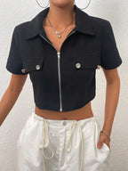 Women's Black POLO Collar Zipper Short T-shirt Cardigan Spring Summer 2025 Design Niche All-match Short Top for Casual Wear