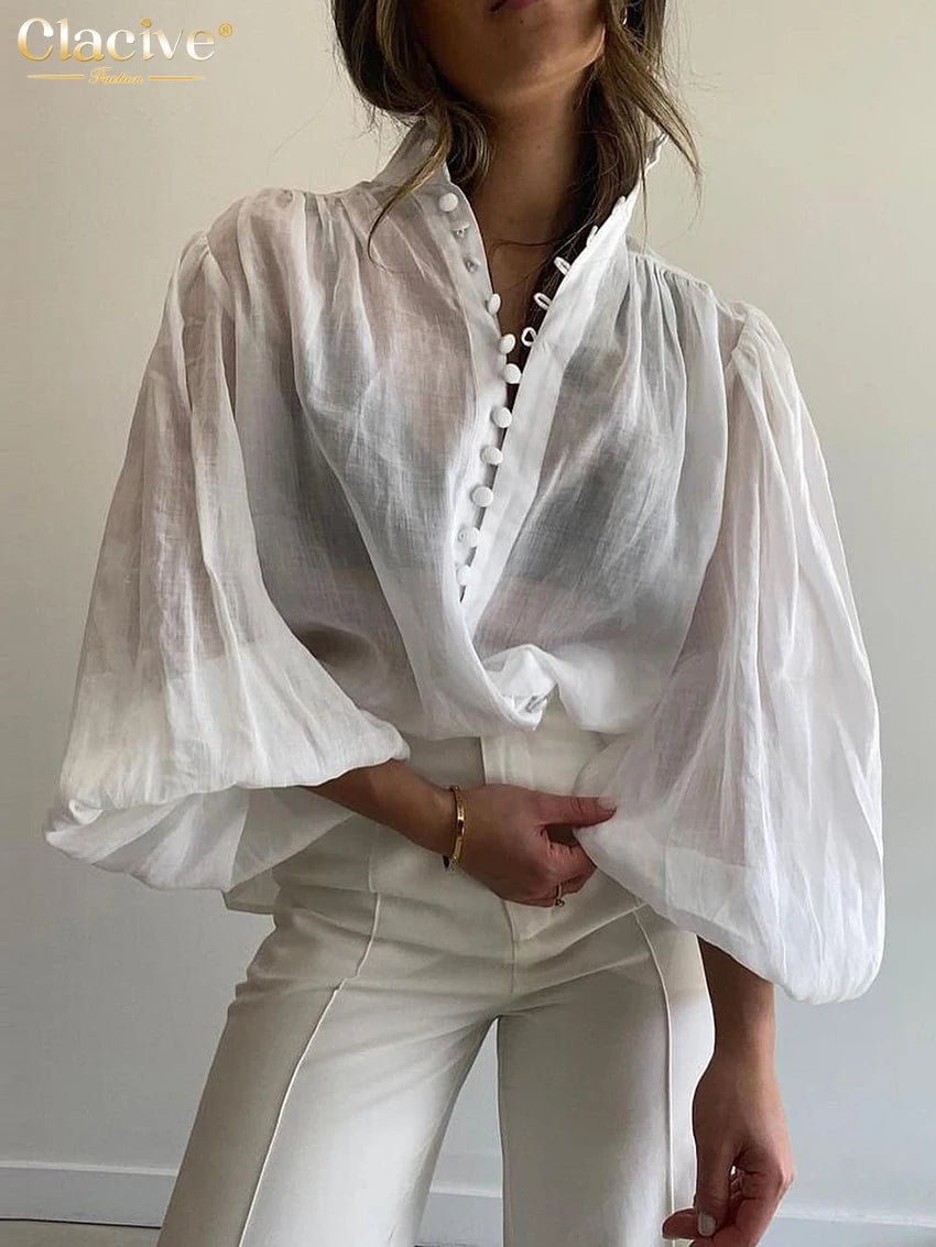 Clacive Fashion White Cotton Woman Blouse 2024 Elegant Stand Collar Puff Sleeve Shirts Casaul Classic Blusa Tops Female Clothing - Matrix-studios.com