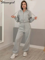 Women Tracksuits Winter Fleece Sweatsuit Brown Warm Crop Zipper Hoodies And Sweatpants Set For Women 2 Piece Velvet Pants Sets - Matrix-studios.com