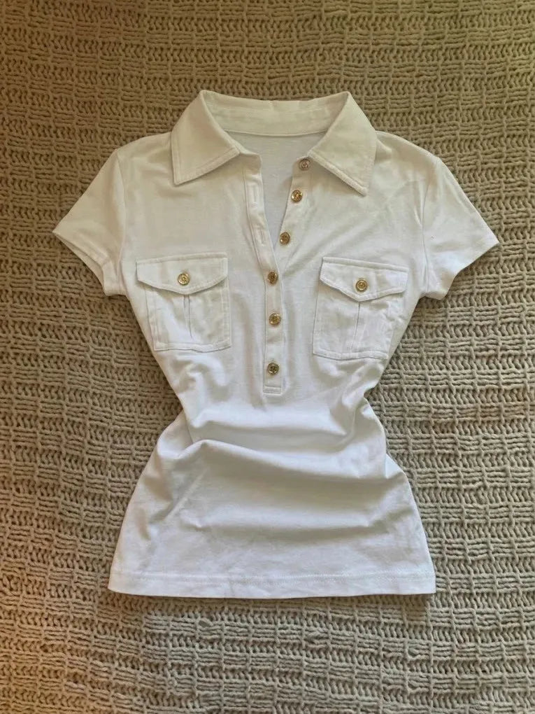 Y2K Japanese Streetwear Polo Shirt Women Slim Crop Tee 2025 White Short Sleeve Tops Letter Badge Houndstooth Vintage Harajuku - Matrix-studios.com