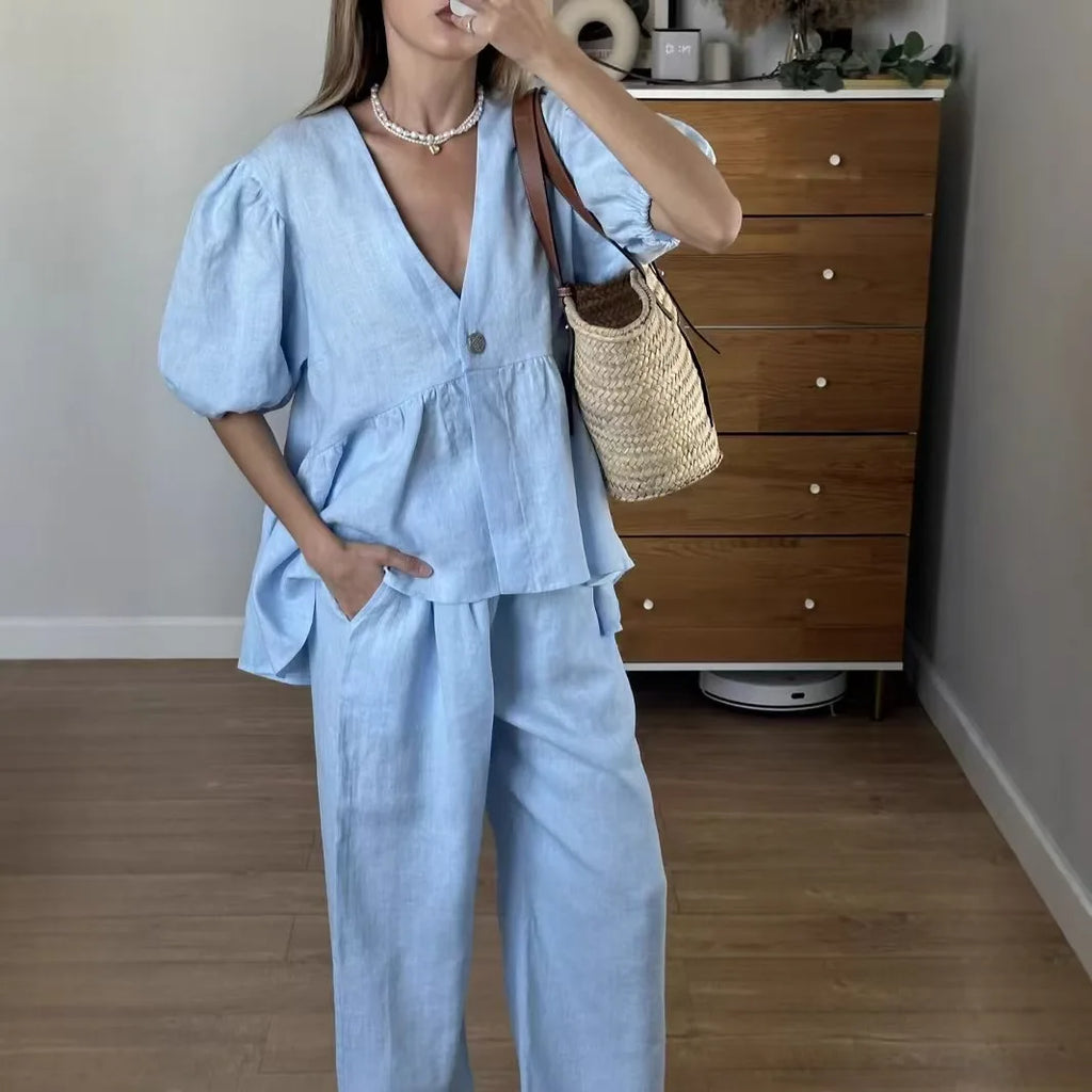 2025 New Women Solid Color V-Neck Bubble Short-Sleeved Trousers Suit Summer Women Short T-Shirt Top + Long Pants Two Peice Sets - Matrix-studios.com