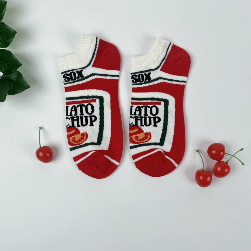 1 Pair Unisex Funny AB Style Tomato Ketchup French Fry Printed Mid-Calf Socks Suit In All Seasons - Matrix Studios