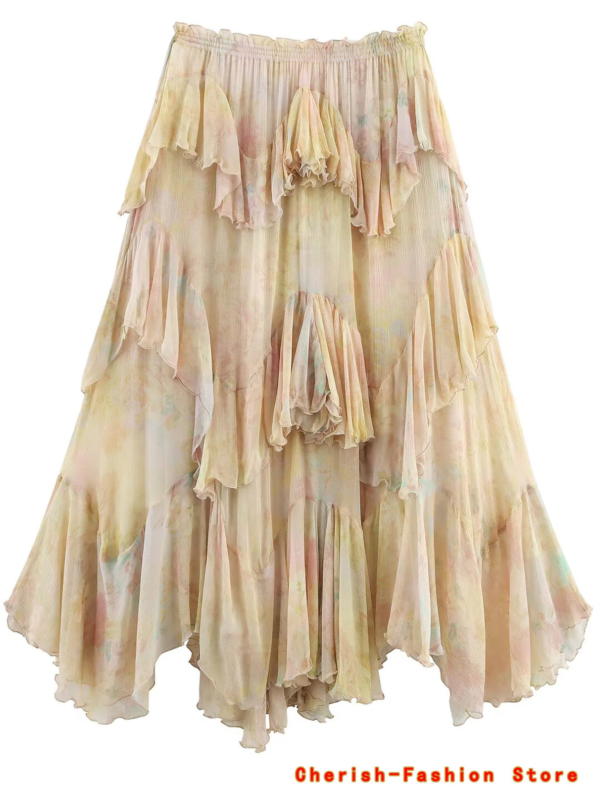 French Style Floral Lace A- Line Skirt Spring Autumn Women's New Style Ruffled Skirt Printed Half-length Skirt Polyester Fibe - Matrix-studios.com