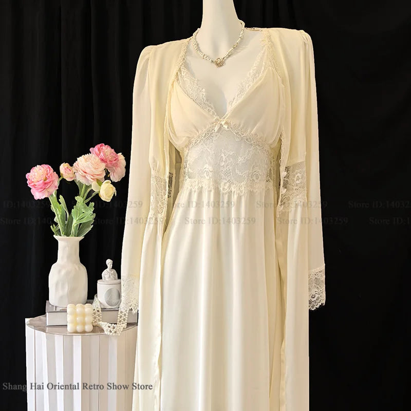 New Female Long Robe Nightgown Set Sexy Lace Trim Sleepwear Suspender Nightdress Spring Summer Casual Satin Home Dress Bathrobe - Matrix-studios.com