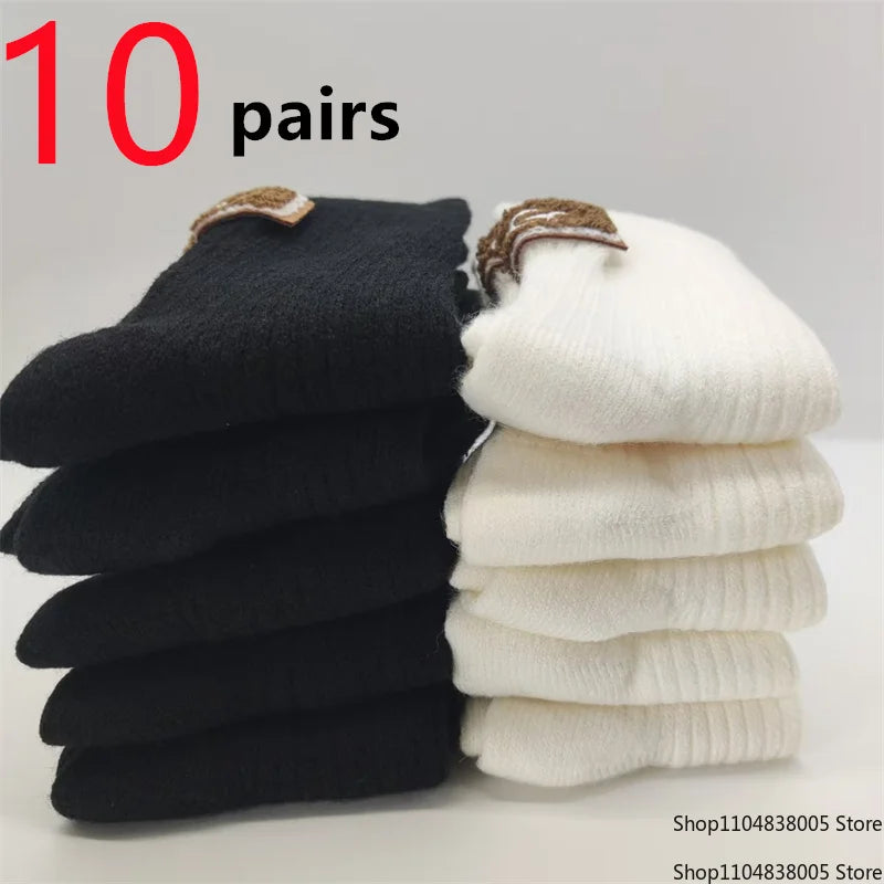 5/10 Pairs Socks Women Luxury Designer Cashmere Wool Sock Solid Warm Thick Pile Embroidered Logo Mid-Calf female Snow Boot Socks - Matrix Studios