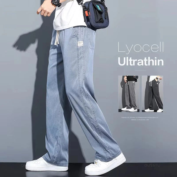 Summer Soft Lyocell Fabric Men's Jeans Thin Loose Straight Pants Drawstring Elastic Waist Korea Casual Trousers Plus Size M-5XL - Matrix Studios