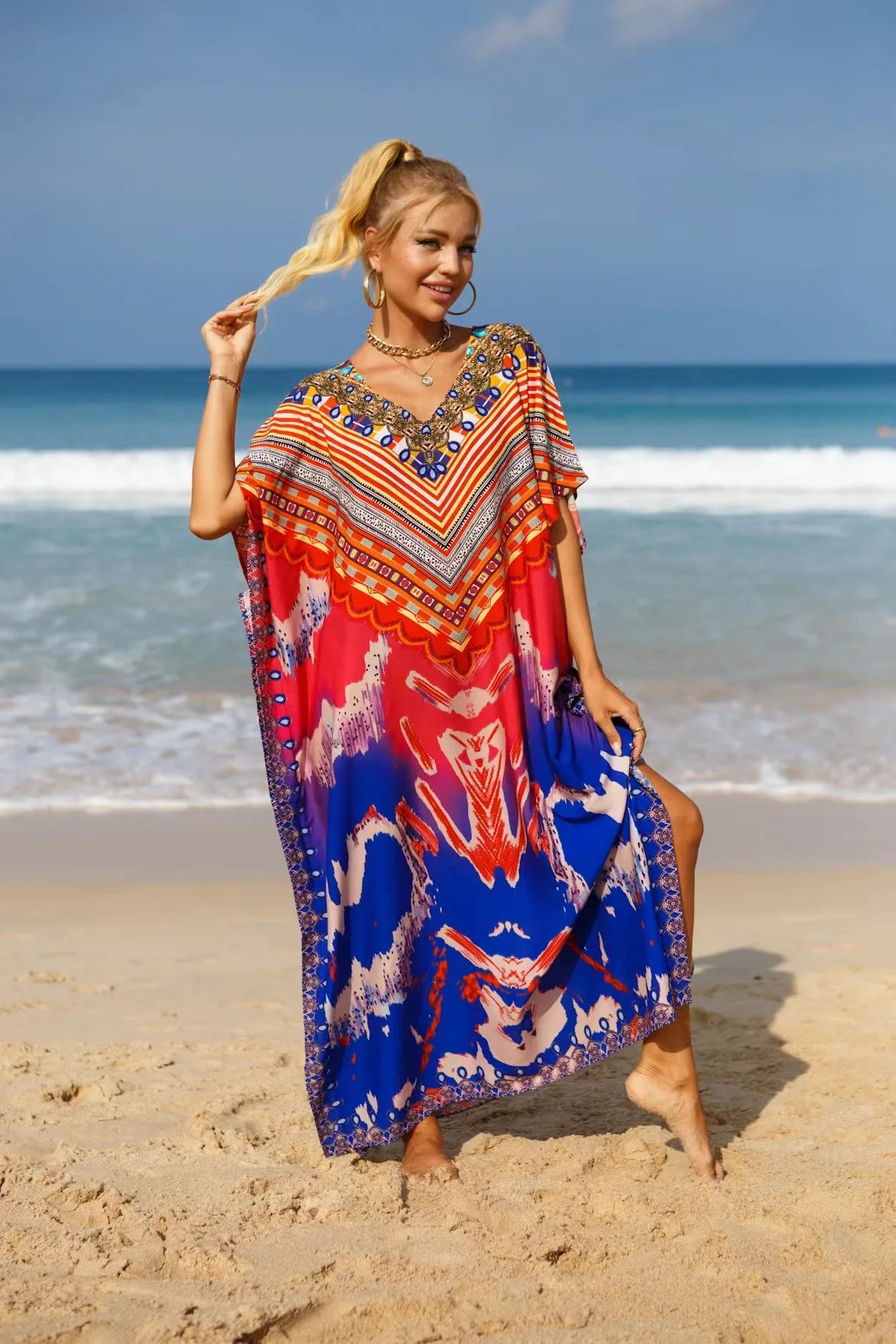Kaftan Dresses Tropical Printed Cover Ups for Swimwear Women Elegant Maxi Robe Holiday Bathing Suits Dropshipping Hot Sales - Matrix Studios